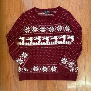 POL Women's Maroon holiday sweater with reindeer and snowflakes size L